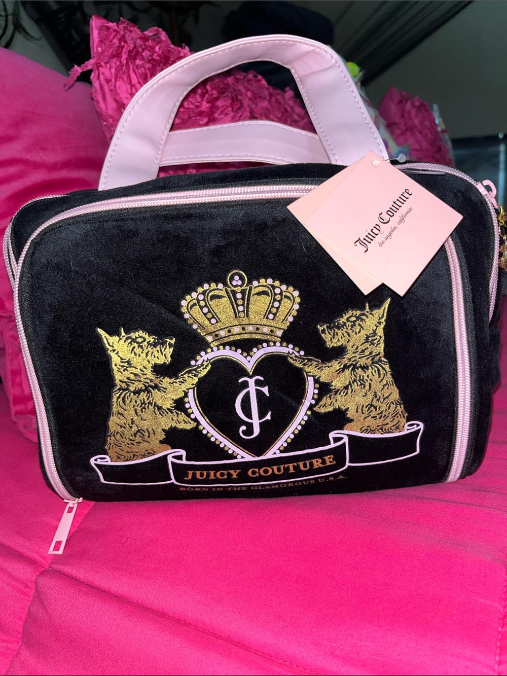Juicy Couture Black Velvet Cosmetic Case with Pink Trim and Gold Crest